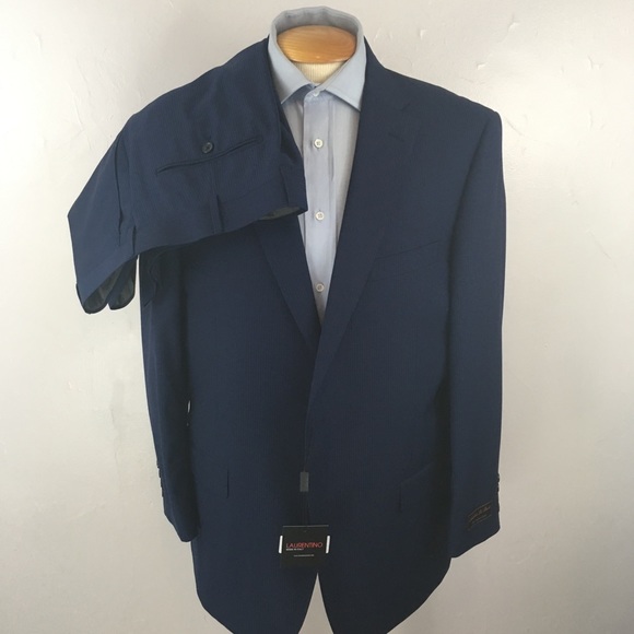 New Laurentino mens suit 46L 2 piece blue on blue wool 2 button Italy NWT ea0298